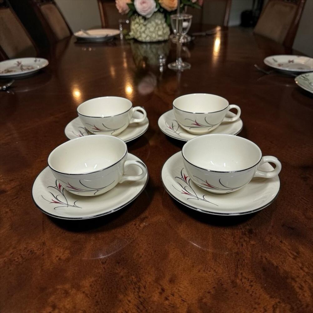 Vtg 50s Salem Simplicity White Pink Black Tea Coffee Cups & Saucer Set of 4 MCM